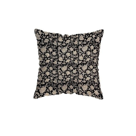 Black Floral Pillow Cover + Block Print Floral Throw Pillow Cover + Black and Beige Floral Pillow... | Etsy (US)