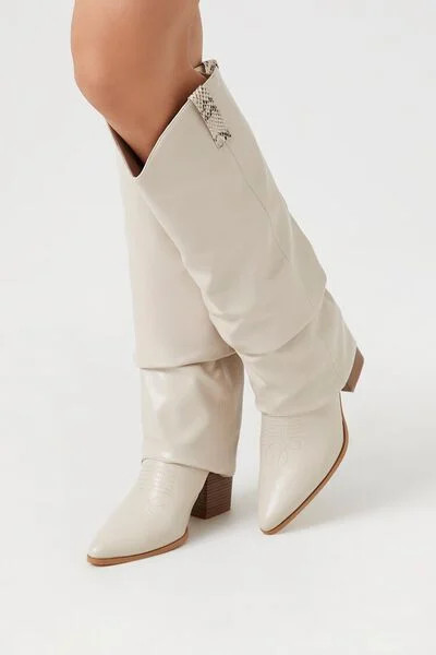 Faux Leather Overlay Block Heel Boots | Forever 21 (US)