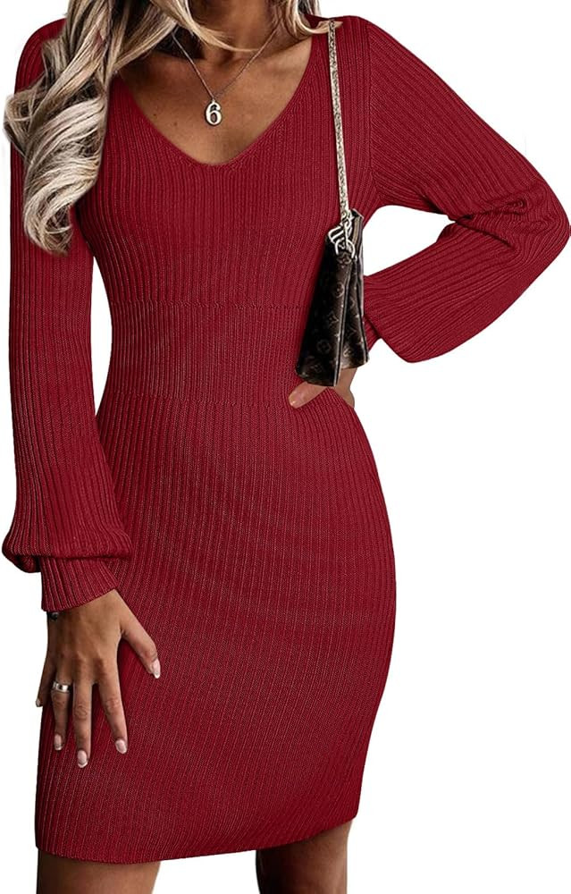 Sidefeel Womens 2025 Fall Winter Ribbed Knit Sweater Dress Casual Long Sleeve Sexy V Neck Bodycon... | Amazon (US)