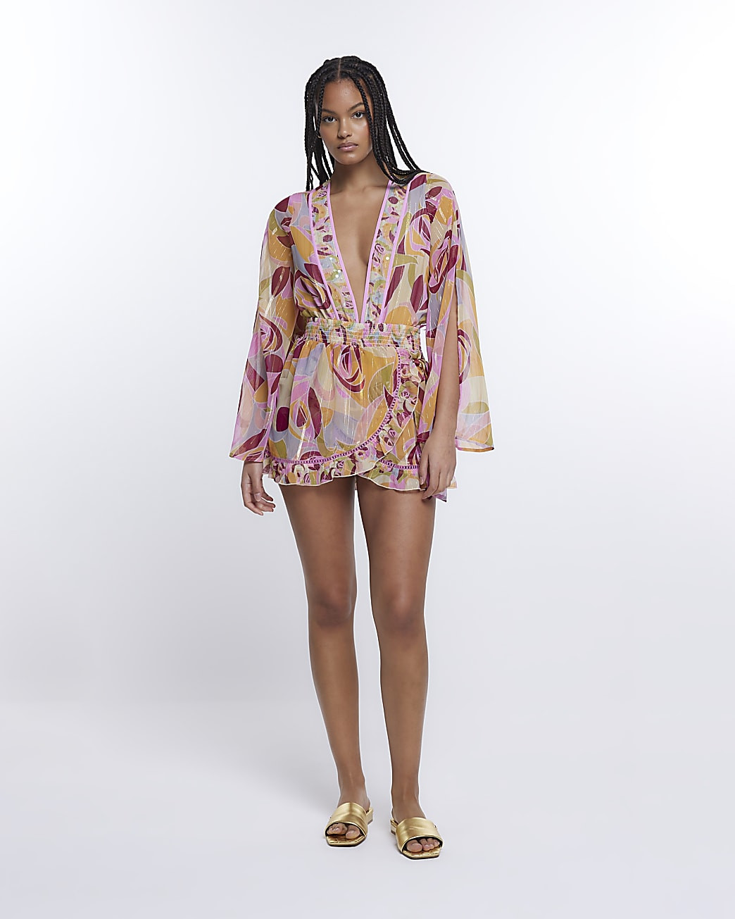 Pink printed sequin bell sleeve bodysuit | River Island (UK & IE)