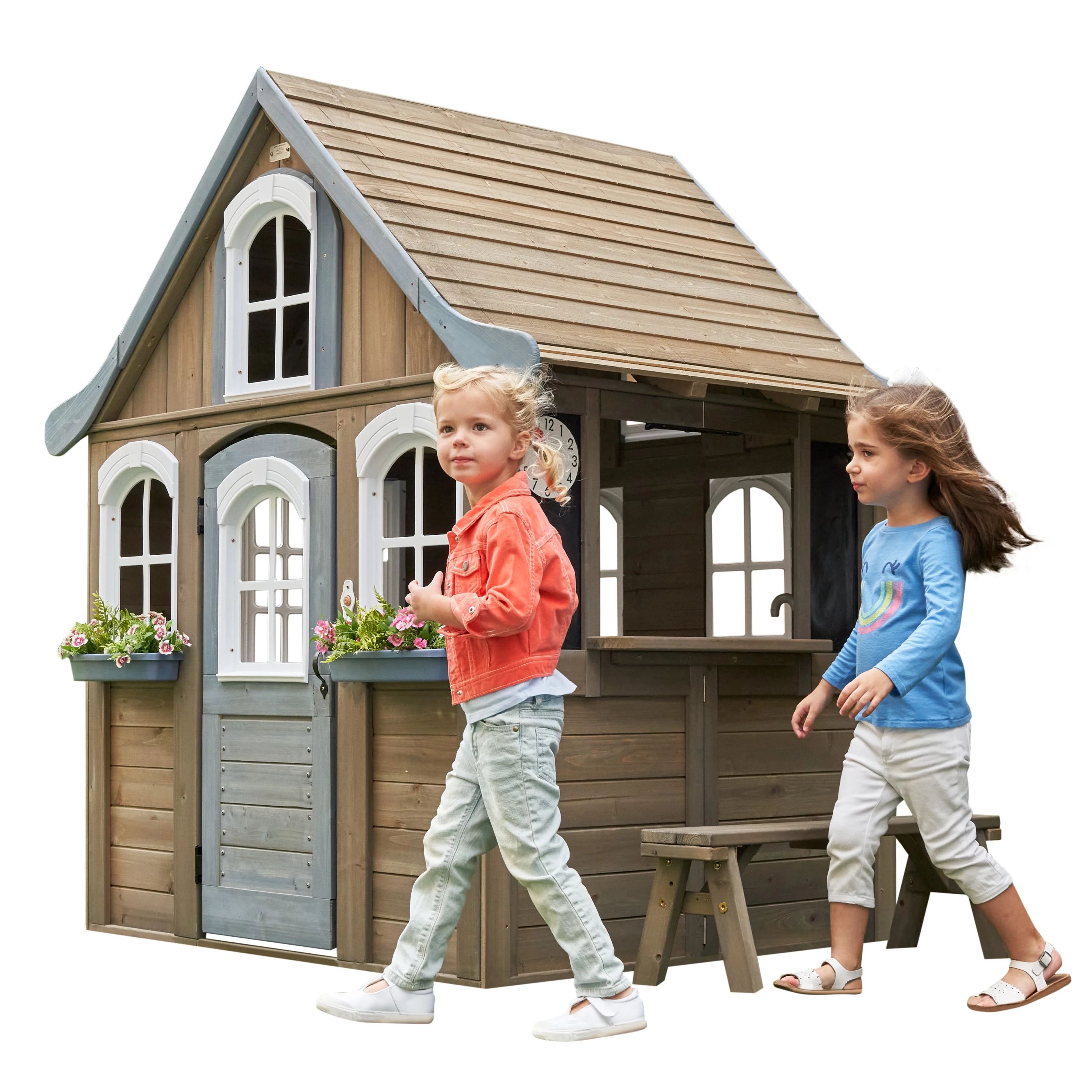 KidKraft Forestview II Wooden Outdoor Playhouse with Ringing Doorbell, Bench and Kitchen - Walmar... | Walmart (US)