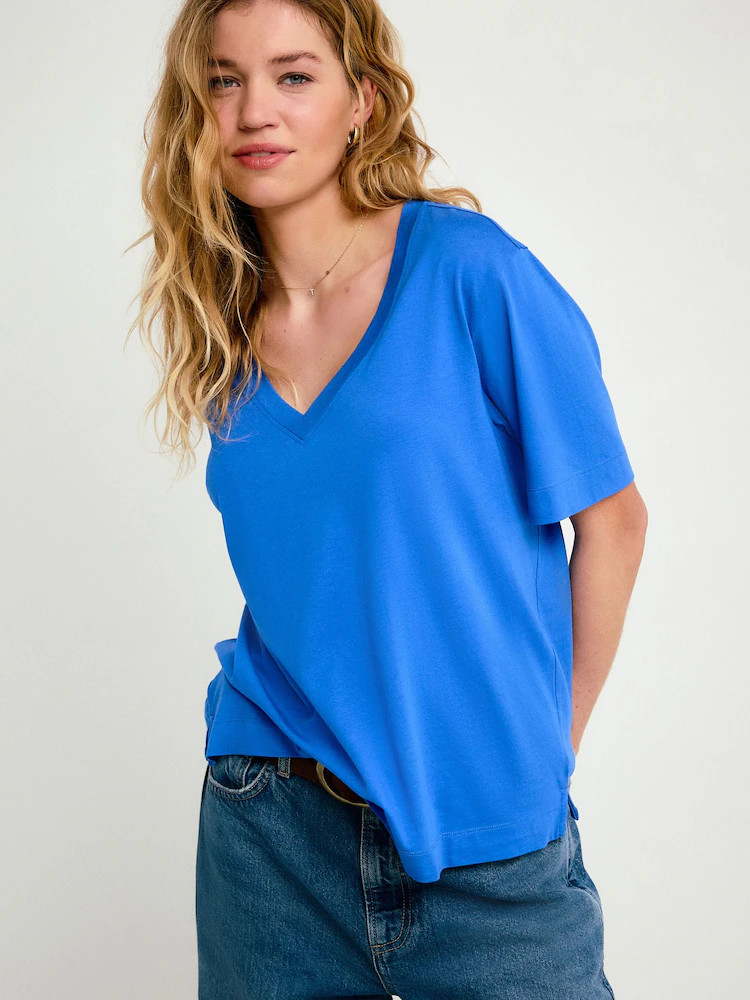 Cobalt Blue Cotton Modal Slouch V-Neck T-Shirt | Next US