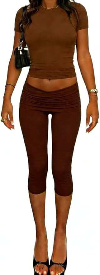 ZFLM casual sports women's two-piece set with short sleeves exposed navel high waistfoldable crop... | Amazon (US)