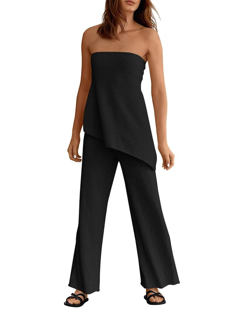 Tankaneo Womens 2 Piece Outfits Asymmetrical Tube Top Wide Leg Pants Knit Vacation Travel 2025 Ma... | Amazon (US)