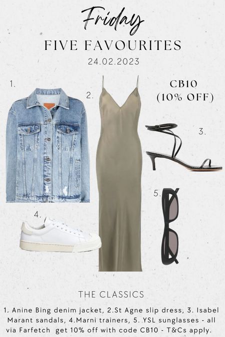 FRIDAY FAVOURITES: Wardrobe Classics
Get 10% off at Farfetch with code CB10 *T&Cs apply 

Denim jacket
Slip drsss
Black strappy sandals
White trainers
Black sunglasses

Are all timeless wardrobe staples you won’t regret investing in! 

#LTKSale #LTKFind #LTKeurope