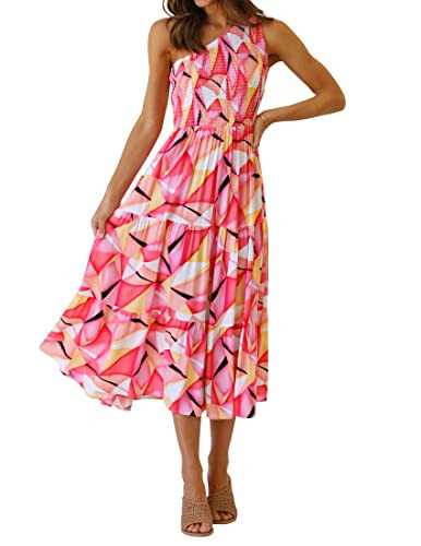 ZESICA Women's 2024 Bohemian Summer Floral Print One Shoulder Sleeveless Smocked Ruffle Tiered Beach Long Midi Dress,GeometricPink,Small | Amazon (US)
