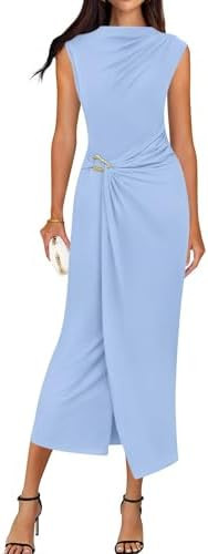BTFBM Formal Dresses for Women 2026 Elegant Classy | Cap Sleeve,Mock Neck,Ruched,Front Slit,Midi ... | Amazon (US)