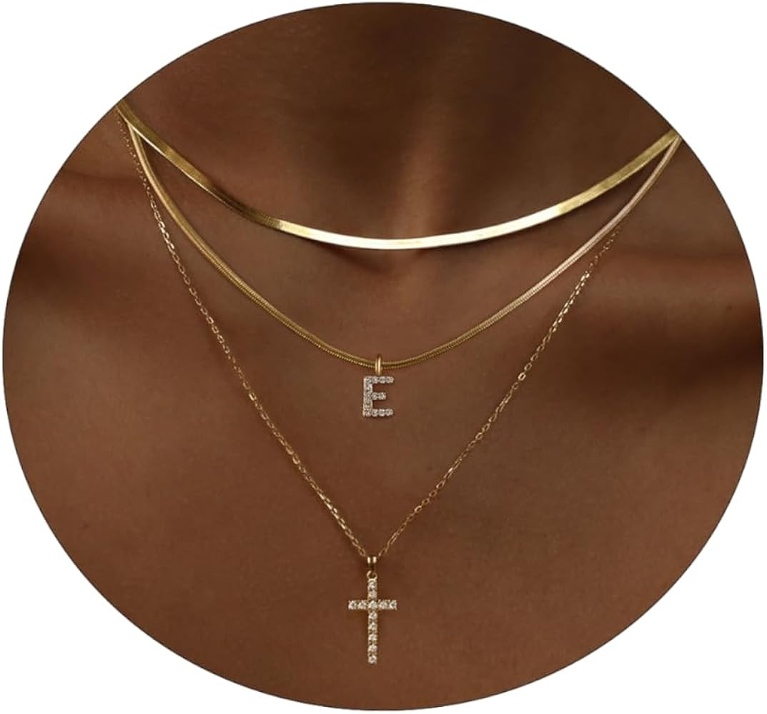 Layered Gold Necklaces for Women，Stackable 14K Gold Plated Tiny Initial Necklaces Simple CZ Cro... | Amazon (US)