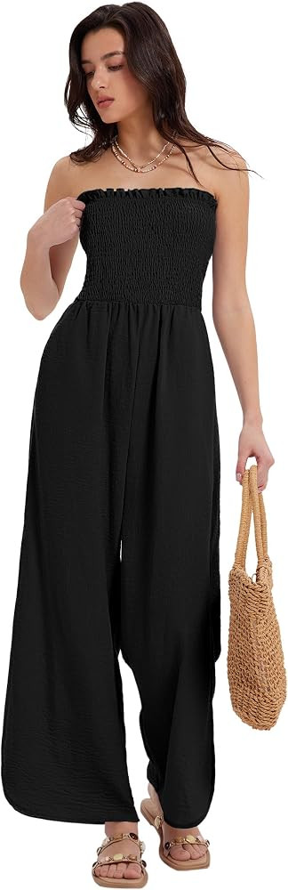 MOOSLOVER Women Linen Jumpsuits Strapless Wide Leg Palazzo Pants Romper 2026 Resort Wear Beach Va... | Amazon (US)