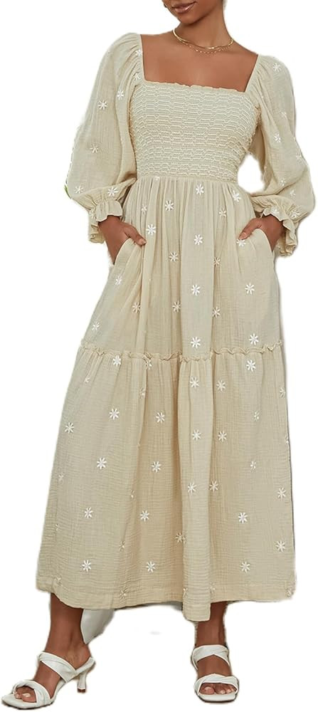 Argeousgor Women 2024 Bohemian Floral Dress Square Neck Ruffle Swing A Line Maxi Dress Long Sleev... | Amazon (US)