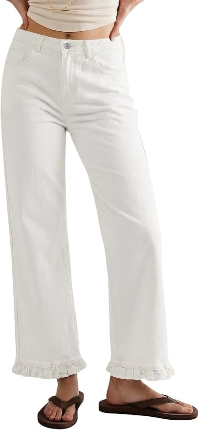 Sidefeel Womens Jeans Wide Leg High Rise Stretchy Jeans Ruffle Hem Straight Leg Denim Pants with ... | Amazon (US)