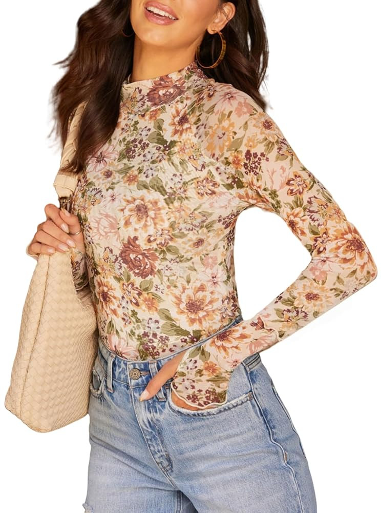 Dressmine Long Sleeve Mesh Tops for Women Mock Neck Floral Blouse Layering Sexy Fitted Going Out ... | Amazon (US)