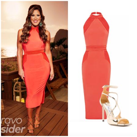 Emily Simpson’s Coral Dress and Gold Sandals on the Real Housewives of Orange County Season 17 Reunion 📸 + info: @bravotv 