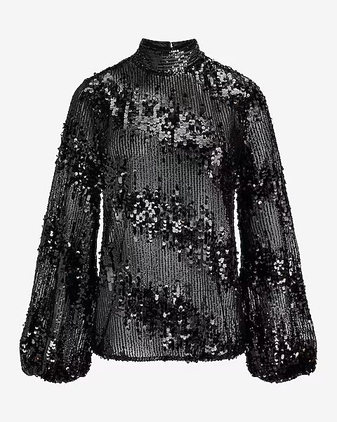 Sequin Mock Neck Balloon Sleeve Top | Express