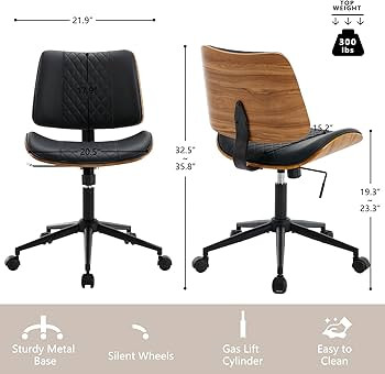 Home Office Chair No Arms with Wheels, Adjustable Height Small Desk Chair, PU Leather Mid Back 360 Swivel Computer Chair, Armless Modern Walnut Chair for Office, Reading Meeting Room(Black) | Amazon (US)