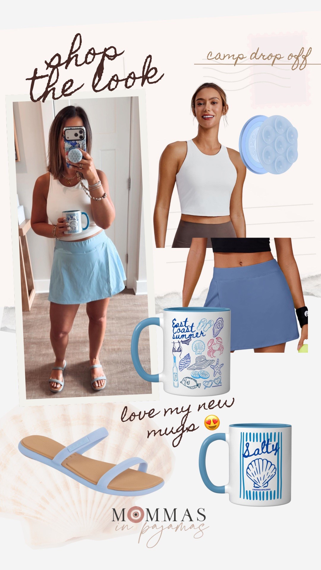 How freaking cute is this simple summer camp drop off outfit? These athletic skirts are some of my absolute favorite; comfy, cute, affordable and so flattering. I paired it with one of my favorite fuller bust friendly tank tops, the cutest light blue two strap sandals and my latest cups from my merch line 😍. I am honestly so proud of myself for how these turned out, they are completely my style, and so, so cute. 
Casual mom outfit inspo, coastal coffee mug

#LTKPetite #LTKMidsize #LTKSeasonal