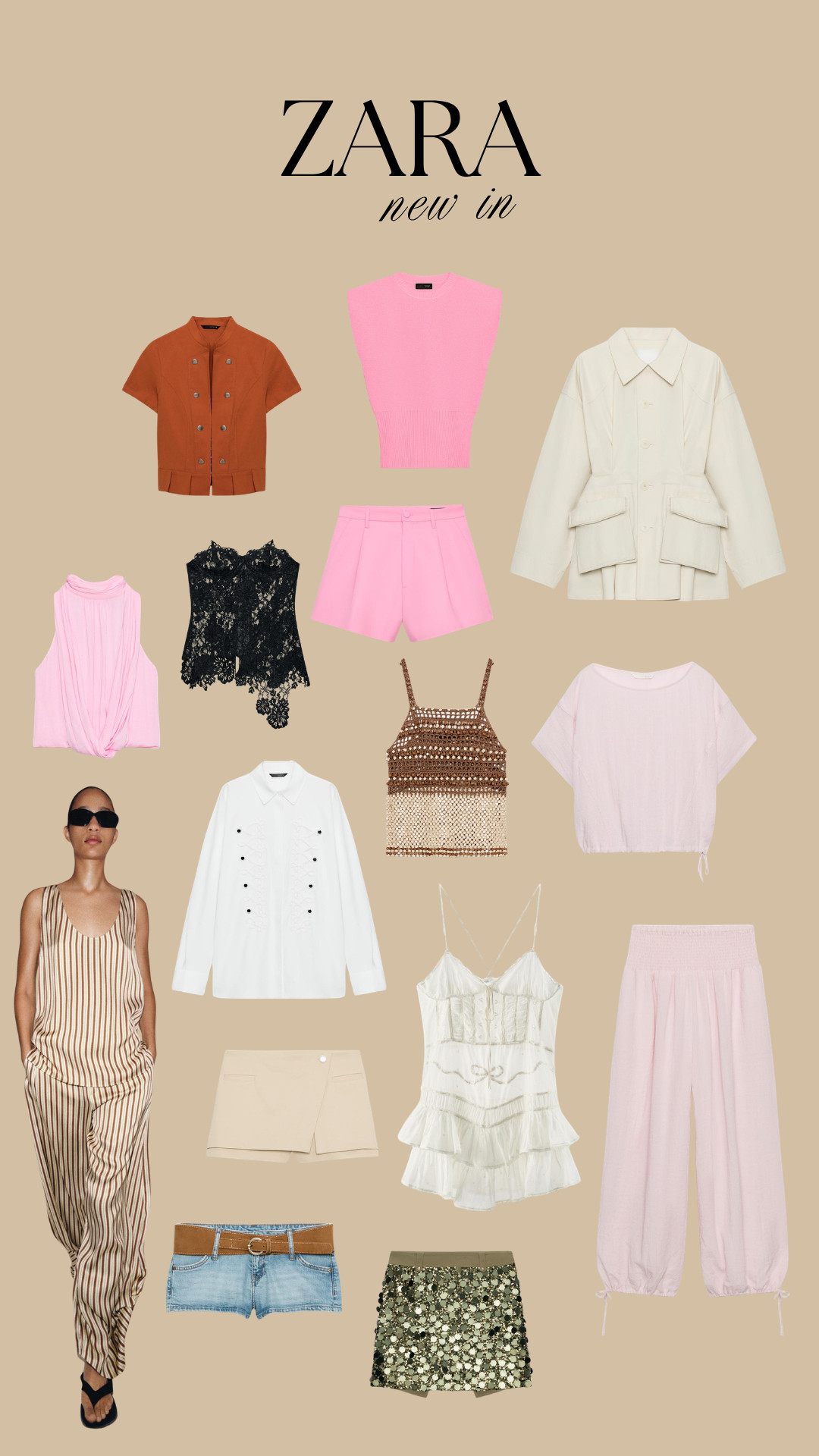 zara, new in, summer fashion, holiday outfits, pink outfit, blush pink, cream jacket, white shirt, tailored shorts, knit top, sleeveless knit, lace top, crochet cami, cami top, striped jumpsuit, denim shorts, mini skirt, sequin skirt, wide leg trousers, cargo trousers, neutral tones, pastel pink, occasionwear, chic separates, womens fashion 

 #LTKsummer #LTKeurope #LTKpartywear