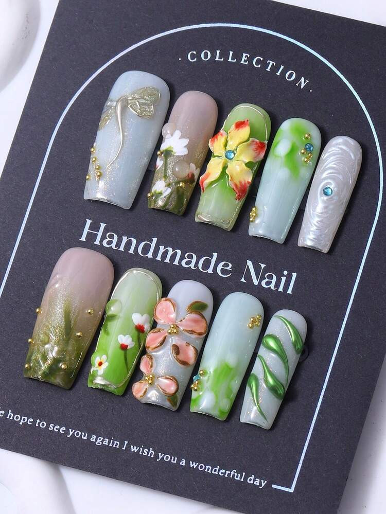 10pcs/Set Press On Nails With Slender Almond Shape Featuring Green Gradient Ombre, Hand Painted 3D Floral Carvings In Y2K Aesthetic And Baddie Style. These Luxury Handmade Nails Exude Elegance And Sophistication, Perfectly Suited For Ladies And Young Women. | SHEIN