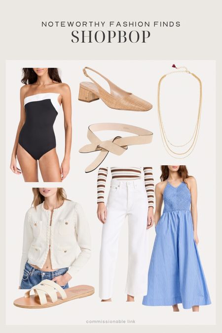 Noteworthy spring fashion finds from Shopbop:
Black swimsuit
White jeans
Striped sundress 
Lady jacket
Sandals

#LTKstyletip #LTKfindsunder100 #LTKSeasonal