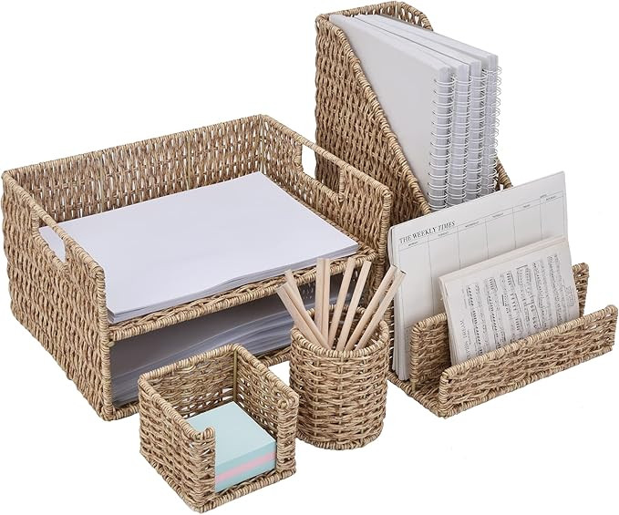 StorageWorks Hand-Woven Imitation Wicker Desk Organizer, Set of 5 Office Desk Accessories with Ma... | Amazon (US)