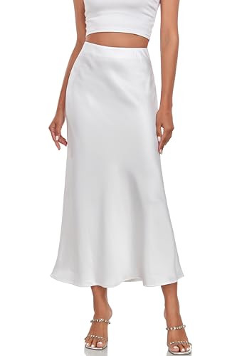 SITELUOYG Women's Silk Satin Maxi Skirt High Waist Elastic A Line Fishtail Elegant Work Elastic Long Skirts White | Amazon (US)