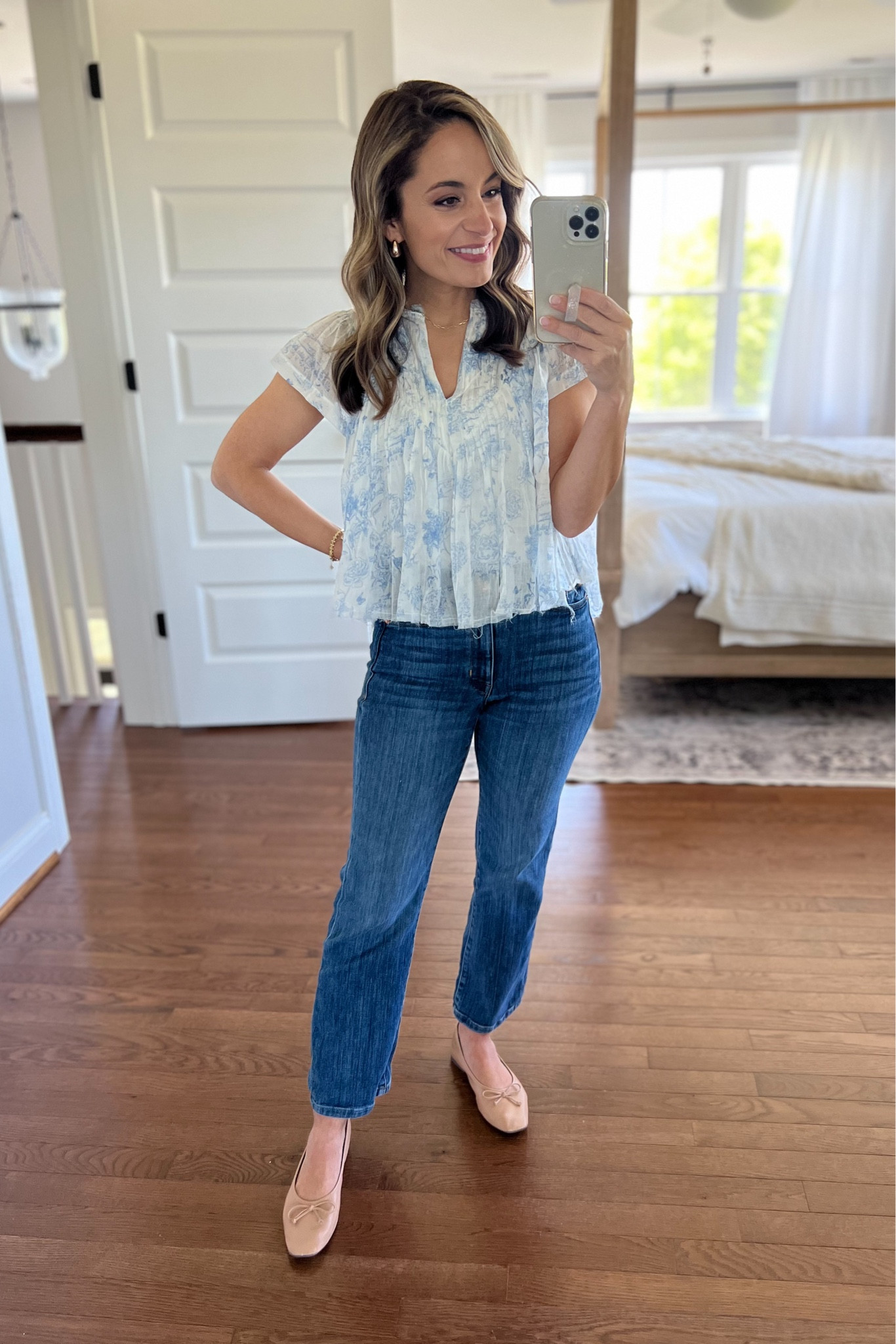 Wearing today 

Top: xs (this top is sheer, you’ll need a cami under it. Linking my favorite below. 
Jeans: 24 in 25” inseam 
Shoes: tts 

My measurements for reference: 4’10” 105lbs bust, waist, hips 32”, 24”, 35” size 5 shoe 

#LTKstyletip #LTKSeasonal