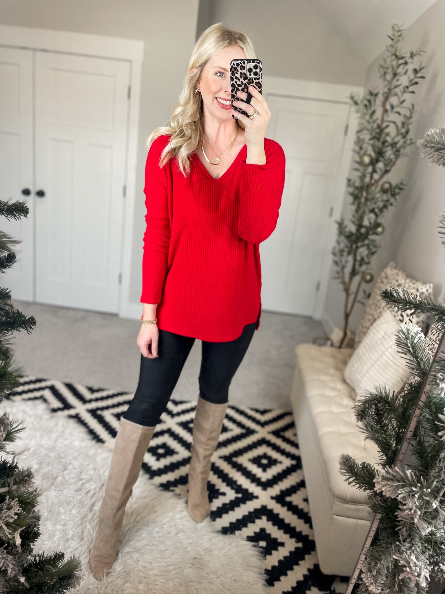 Daily try on, Walmart outfit, Walmart fashion, red tunic, black leggings, faux leather leggings, knee high boots 

#LTKunder50 #LTKSeasonal #LTKshoecrush
