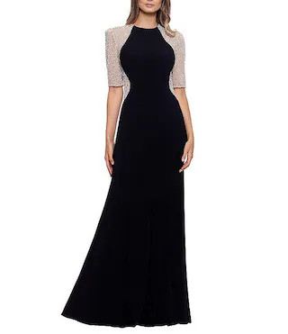 Caviar Beaded Mesh Short Sleeve Crew Neck Jersey Sheath Gown | Dillard's