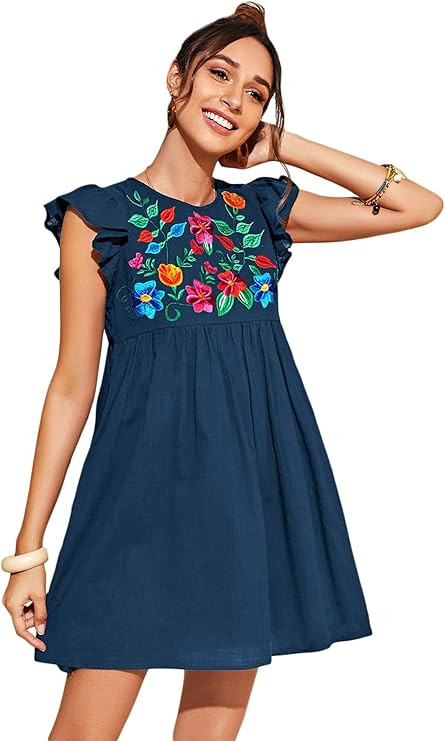 Floerns Women's Short Sleeve Striped Embroidered Tassel Tie Neck Dress | Amazon (US)