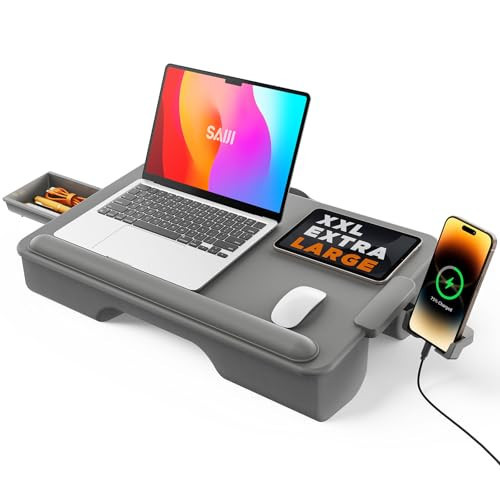 SAIJI Lap Desk with Cushion, Computer Laptop Stand, Lap Laptop Table, Built-in Drawer Storage, Phone Holder, Wrist Pad | Amazon (US)
