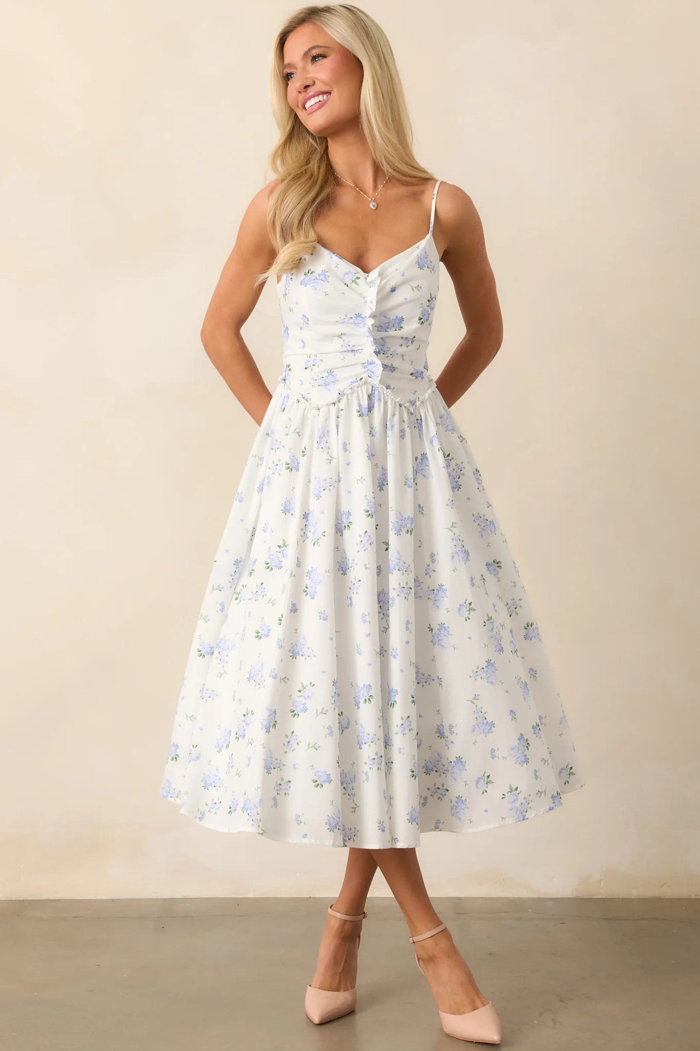 Garden Treasures Light Blue Floral Cotton Midi Dress | Red Dress