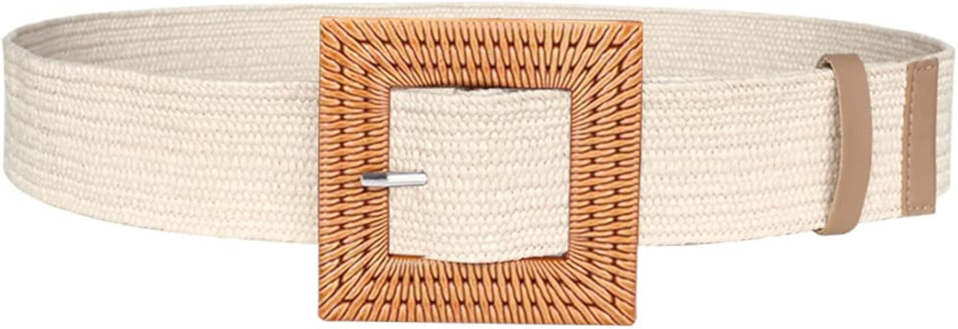 YUCFOREN Women Skinny Dress Belt, Fashion Straw Woven Elastic Stretch Waist Band Wood Buckle Belt | Amazon (US)