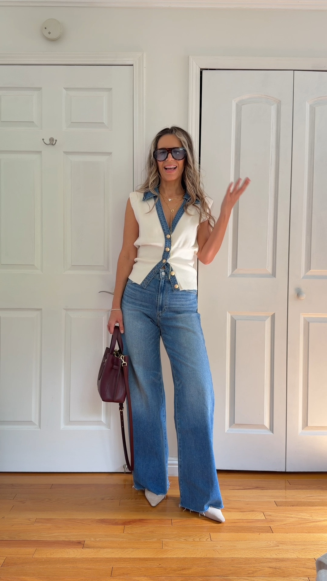 White knit vest sz S
Use my discount code justglow011_12 for 12% off

Wide leg jeans sz 27 - my fave jeans 🩵

I’m 5’5” 122 lbs 

Burgundy oxblood bag is back in stock 🙌

Kitten heels true to size 



#LTKSeasonal #LTKFindsUnder100 #LTKFindsUnder50