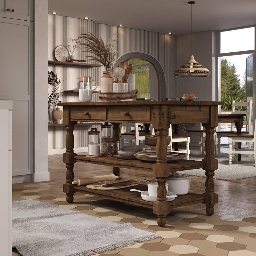 52-inch Stationary Farmhouse Kitchen Island with 2 Drawers and 2 Shelves \u2013 Solid Wood, Large... | Amazon (US)