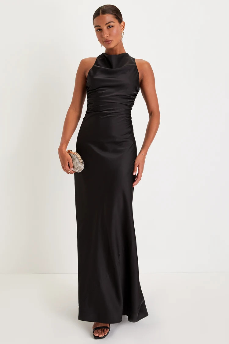 Effortlessly Sensational Black Satin Backless Maxi Dress | Lulus