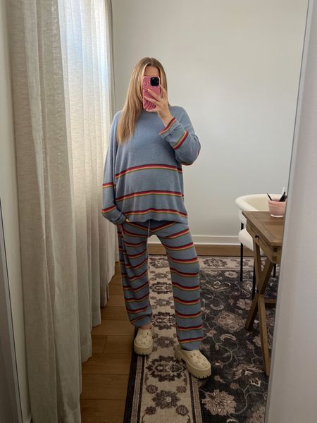 Size M! Loungewear set, Stretchy and soft, washes up well, pants stretch above or below the bump, drawstring, blue with colorful stripes! Clogs are Gucci but linked similar for $60!



#LTKshoecrush #LTKbump