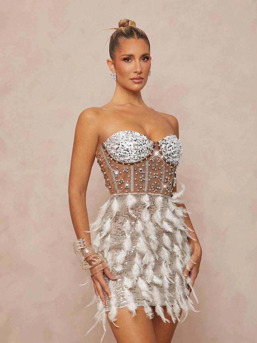 Lumalex Spring Summer Swimsuit Swimwear Swim Vacation Bohemian Rhinestone Embellished Strapless T... | SHEIN