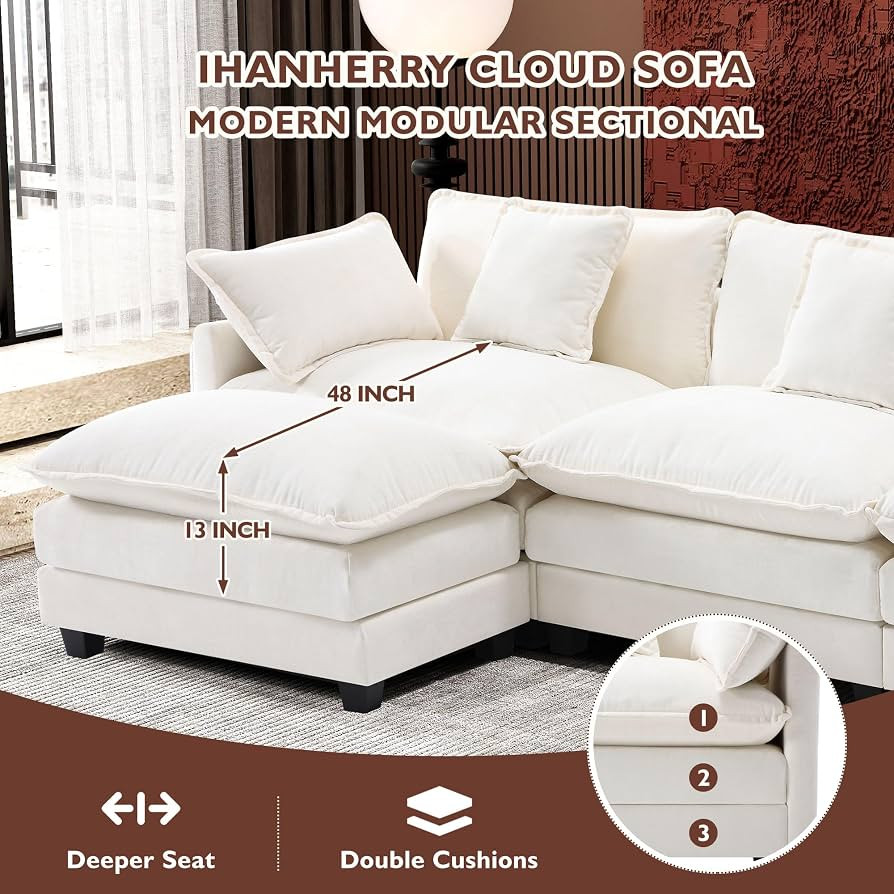 Ihanherry 111.4" L Shaped Modern Sofa Modular Sectional Cloud Couch with Ottoman, 4-Seat Chenille... | Amazon (US)