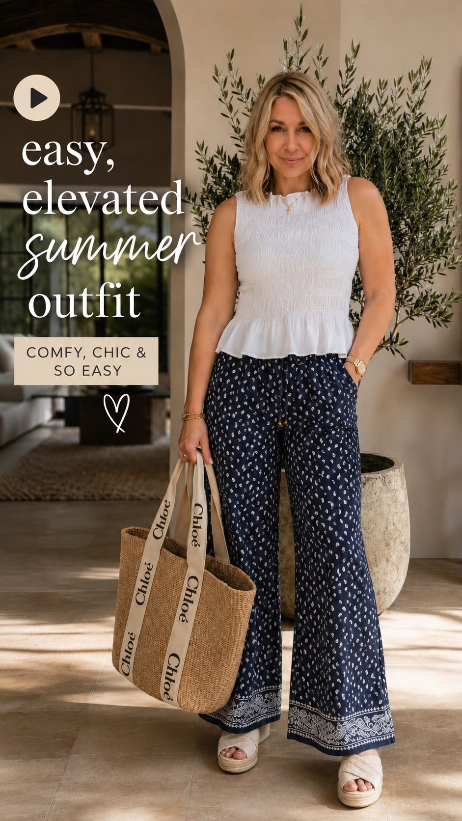 This lightweight combo is the definition of effortless style—flowy printed pants, a feminine white top, woven wedges, and my favorite straw tote for that polished summer look.
Comfortable enough for everyday, chic enough for brunch, errands, or vacation days.
-
midsize fashion over 50, summer outfit ideas, vacation outfit inspiration, effortless summer style, casual chic outfit, navy printed pants, white peplum top, woven platform sandals, straw tote bag, comfortable summer outfit, everyday style, fashion for women over 50, midsize outfit ideas, affordable fashion finds, elevated basics, resort wear inspiration, warm neutral aesthetic, summer OOTD.