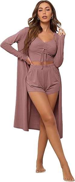 SheIn Women's 3 Piece Pajama Suit Open Front Cardigan Cami Crop Top Shorts Lounge Set | Amazon (US)