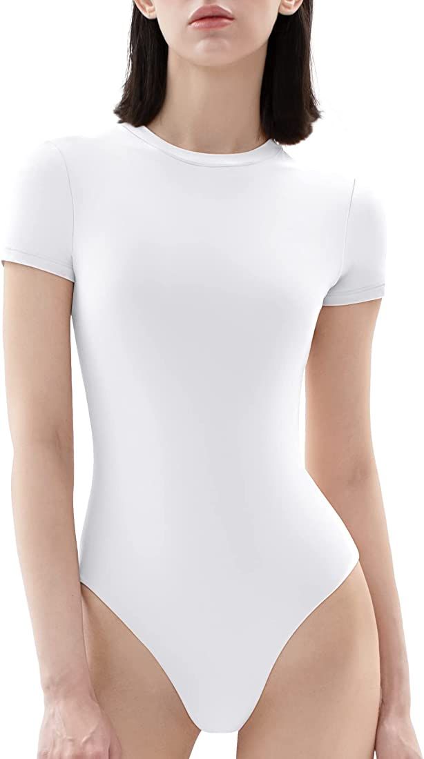 PUMIEY Women's Crew Neck Short Sleeve Bodysuit Fashion T-shirt Tops Smoke Cloud Pro Collection | Amazon (US)