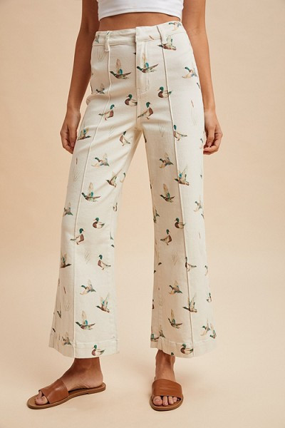 Mallard Duck Print Stretch Denim Wide Leg Jeans-Ivory | Fashion Junkee