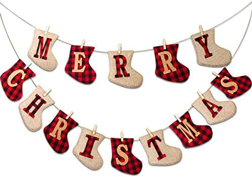 HALLO Merry Christmas Burlap Banner-Sock Shaped Christmas Decoration,Outdoor Indoor Hanging Decor... | Amazon (US)