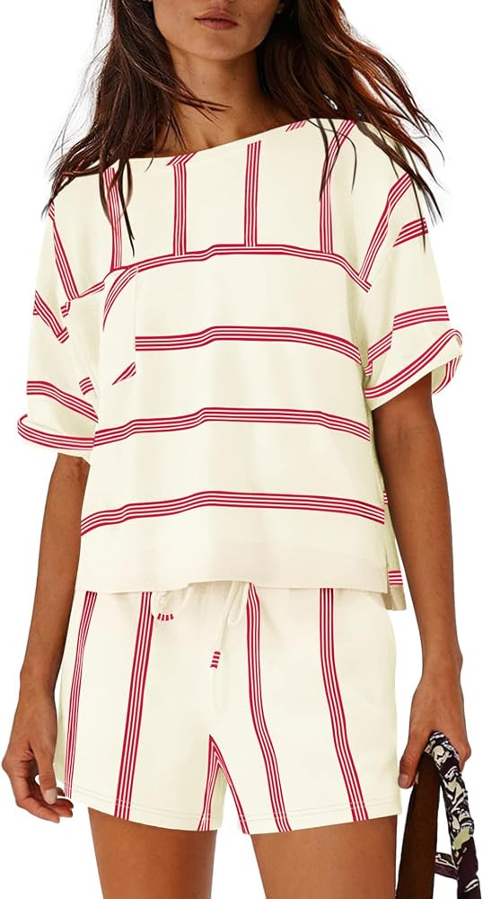 Nirovien Womens Striped Lounge Set 2 Piece Vacation Outfits Short Sleeve Tops and Drawstring Shor... | Amazon (US)
