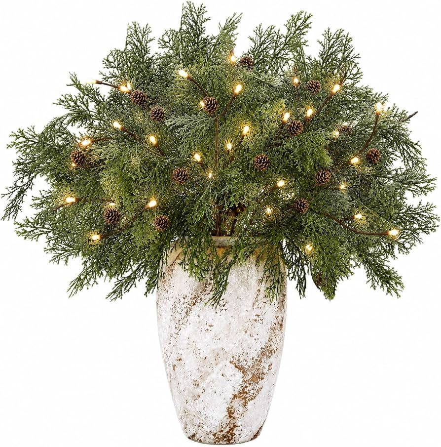 Moucuny 30 Pcs 18'' Christmas Cedar Pine Branches with Lights Lit Branches | Amazon (US)