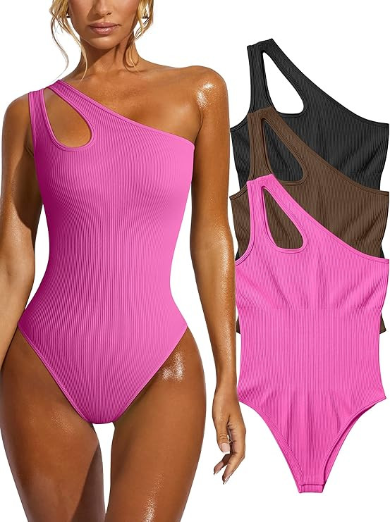 OQQ Women's 3 Piece Bodysuits Sexy Ribbed Sleeveless One Shoulder Tank Tops Exercise Bodysuits | Amazon (US)