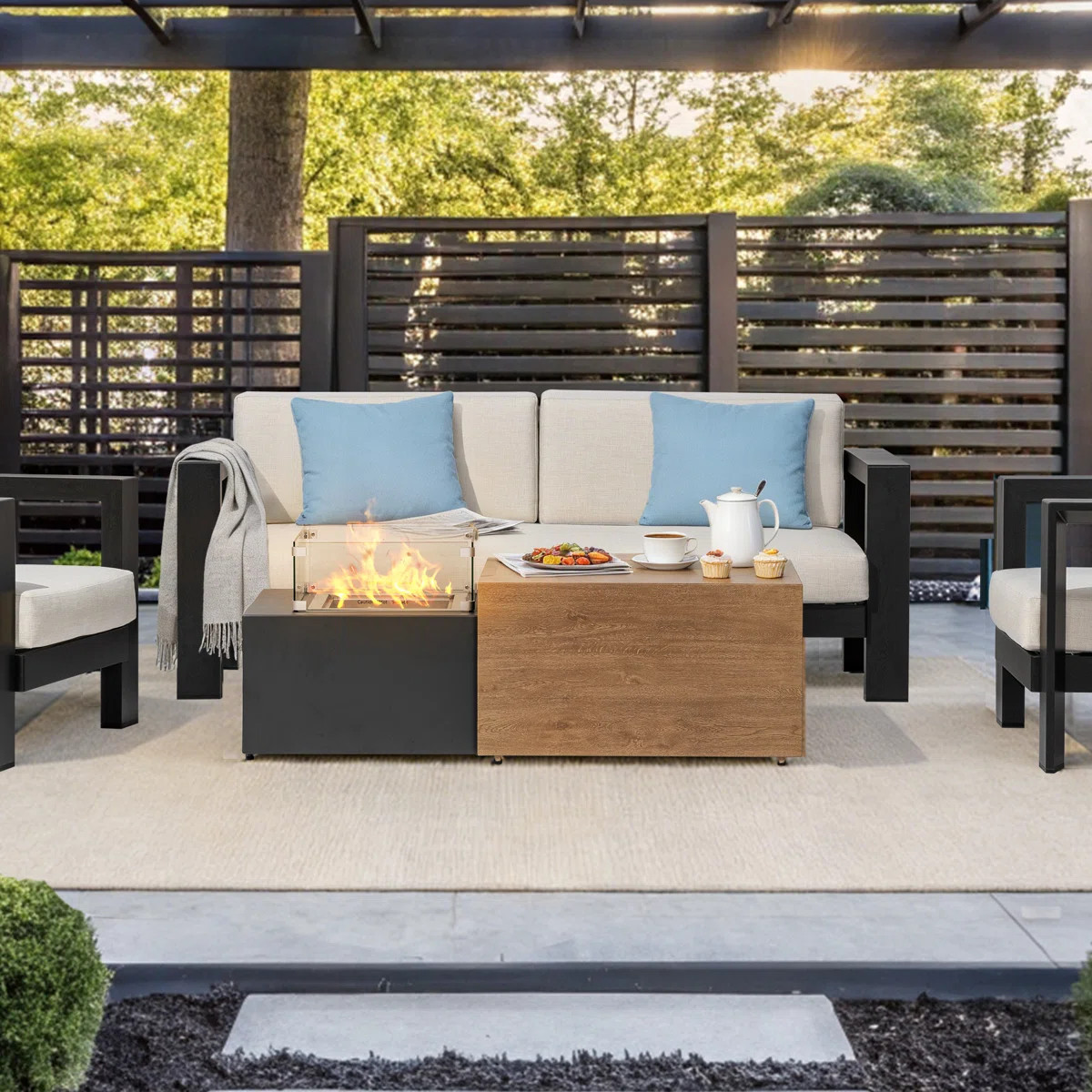 2-in-1 Outdoor Fire Pit Coffee Table, Aluminum Frame Wood Grain Surface, 2 Colors Design, All-Wea... | Wayfair North America
