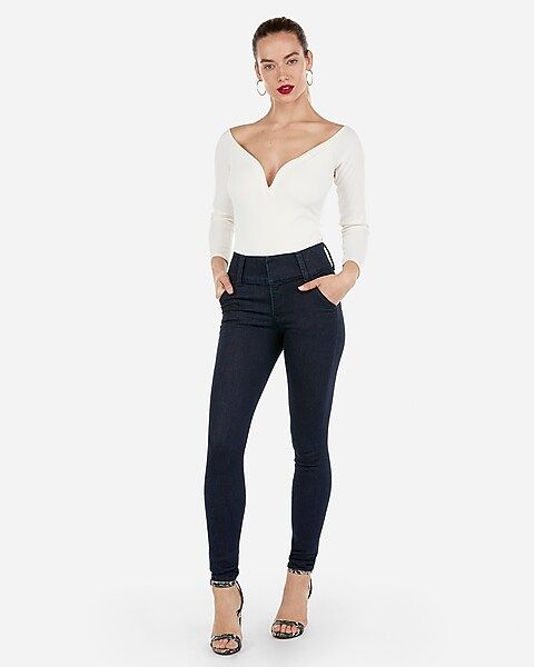 high waisted denim perfect wide waistband jean leggings | Express