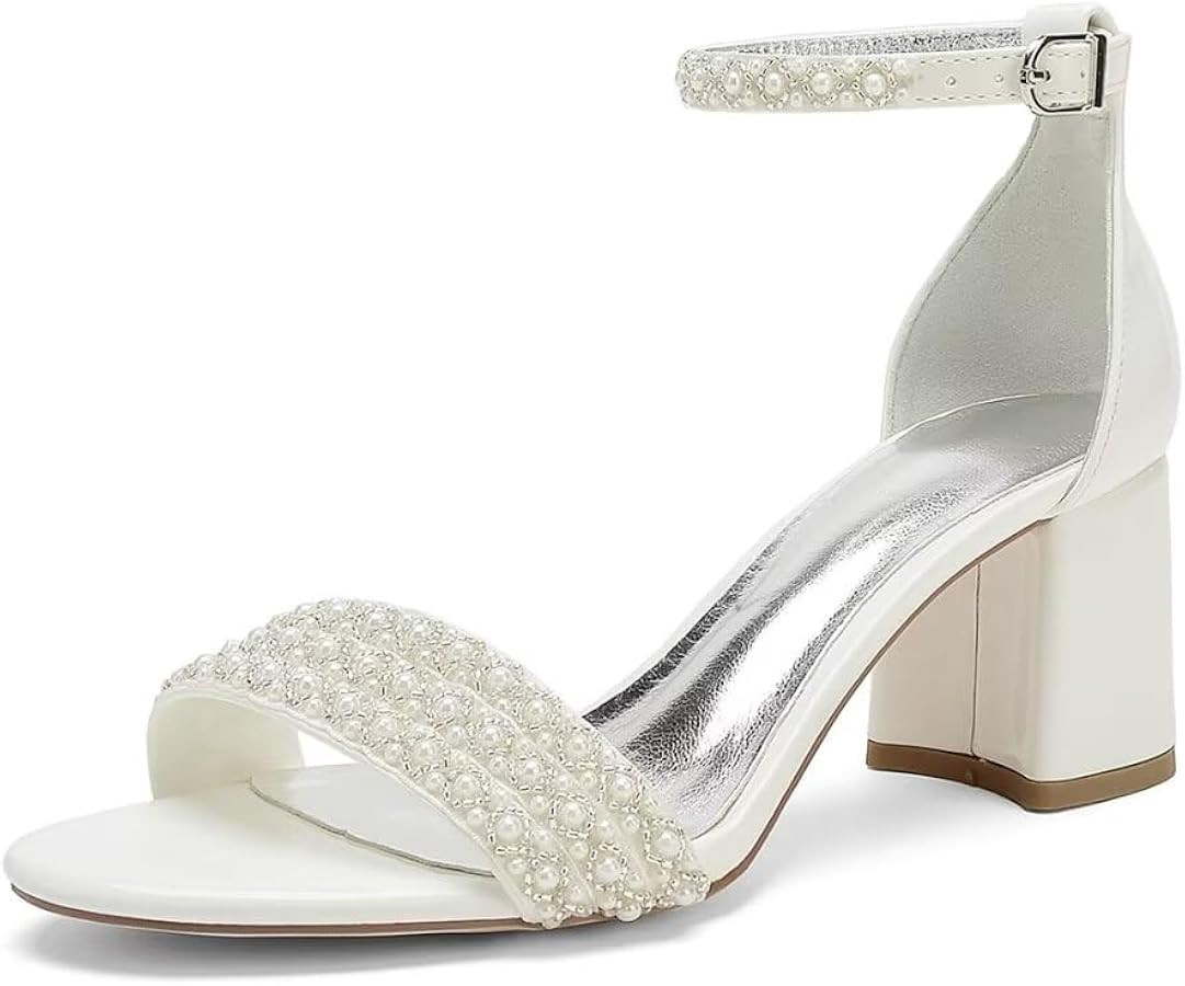 Block Heels Pearls Wedding Sandals Open Toe Ankle Strap Evening Party Summer Shoes | Amazon (US)