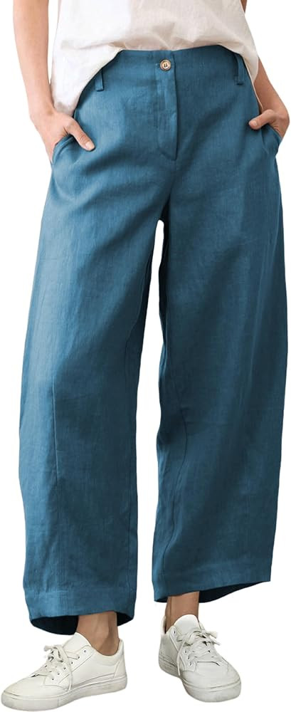 Athlisan Womens Linen Barrel Pants Casual Baggy Wide Leg Palazzo Trousers Summer Beach Capri Pant... | Amazon (US)